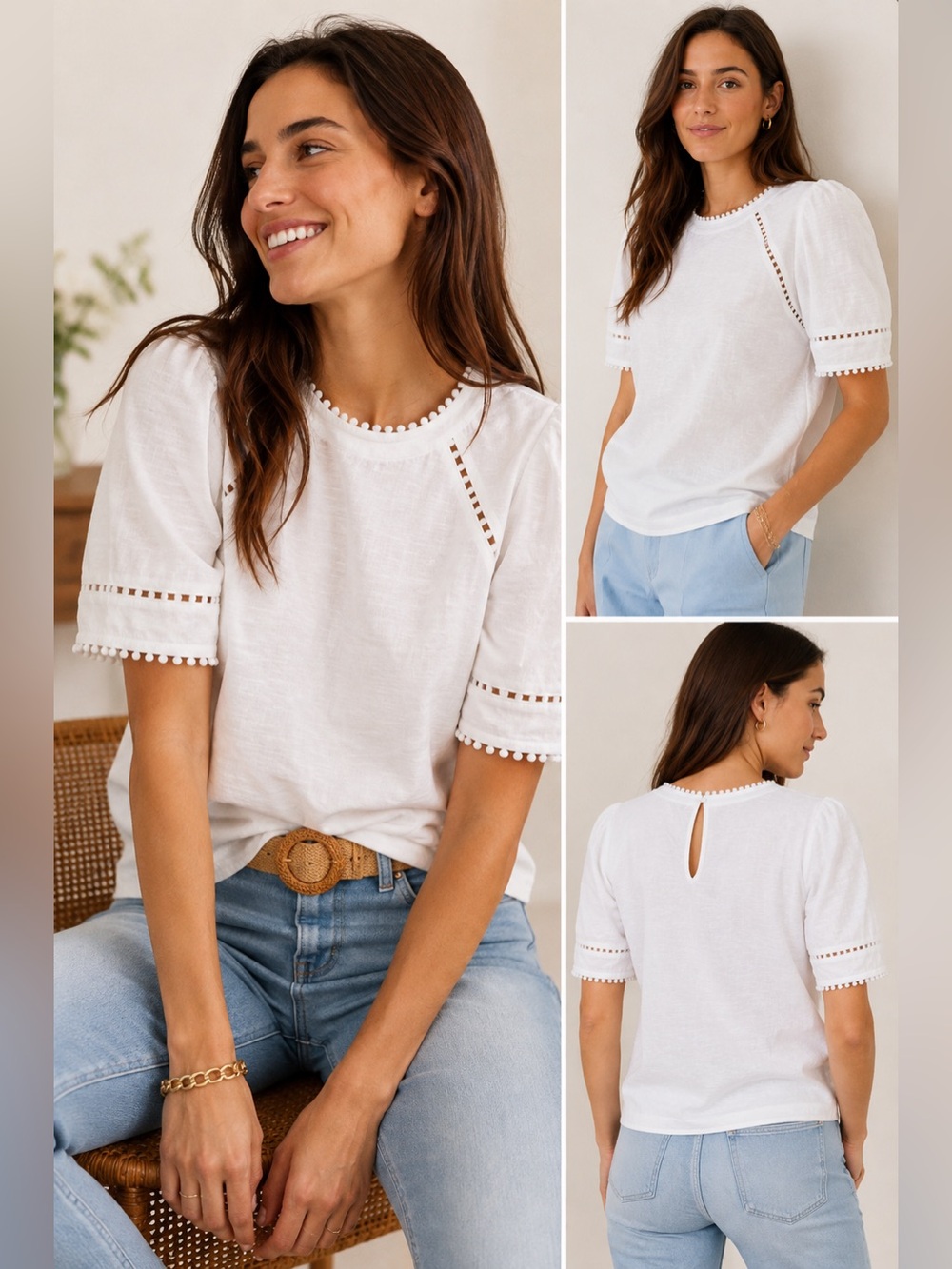 Boden Mila Trim Detail Top White 100% Cotton Size 6 NWT